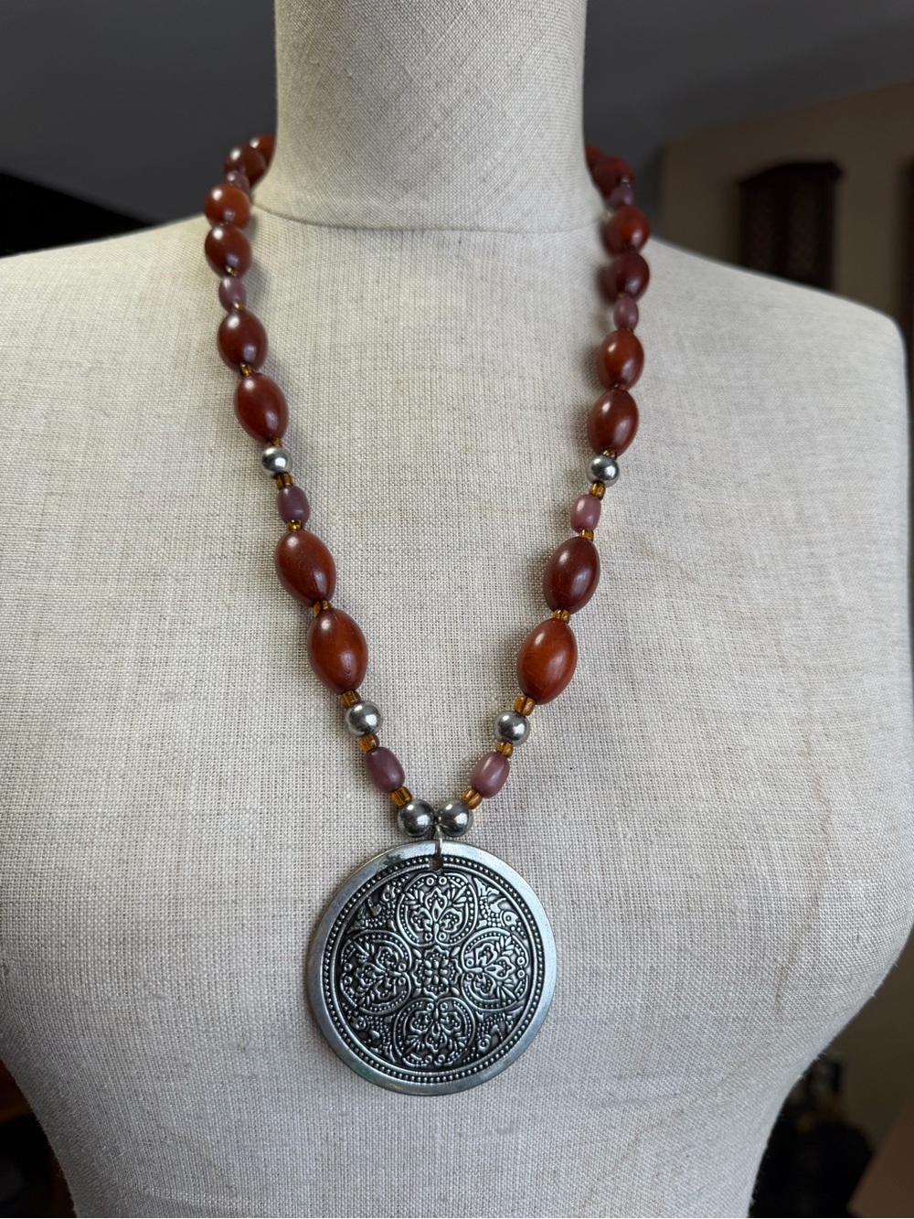 Boho Vintage-Style Statement Necklace with Large Embossed Pendant